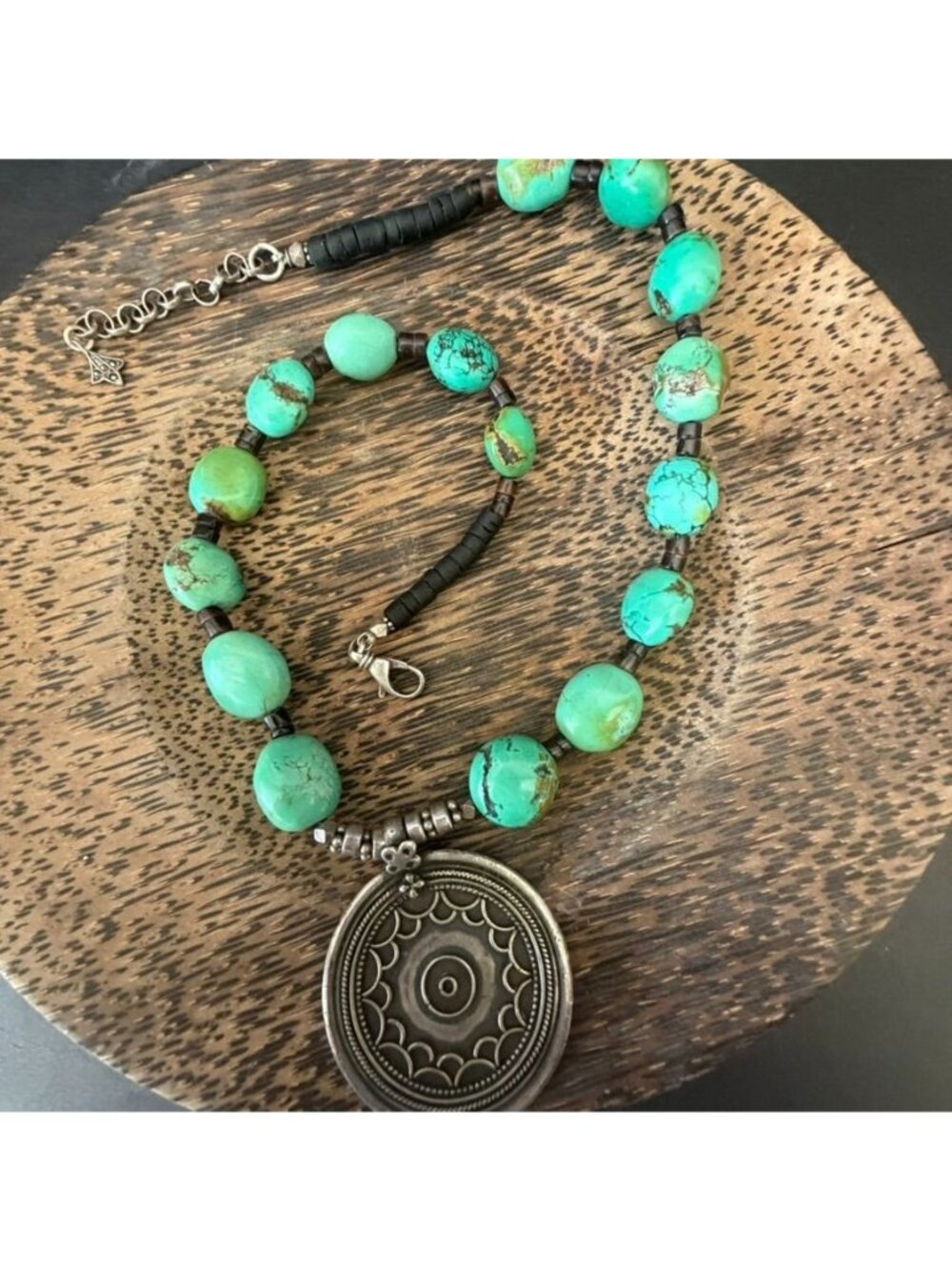 Vtg 21" Turquoise Nugget Statement Necklace Heshi Beads Mandala Pendant Tribal